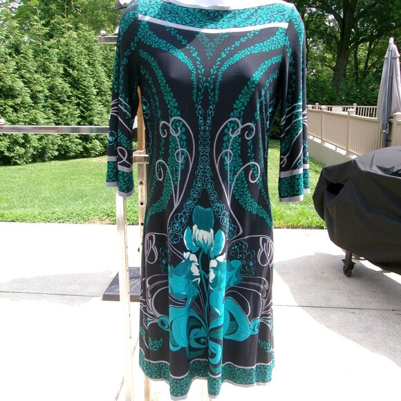 DONNA MORAGN GREEN&BLACK FLORAL PRINT KNIT DRESS 4 - Picture 1 of 1